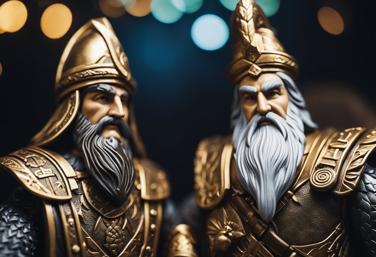 The Influence of Norse Mythology on Irish Folklore - The Norse god Odin and the Irish god Lugh stand together, exchanging cultural symbols and artifacts, blending their mythologies in a harmonious exchange