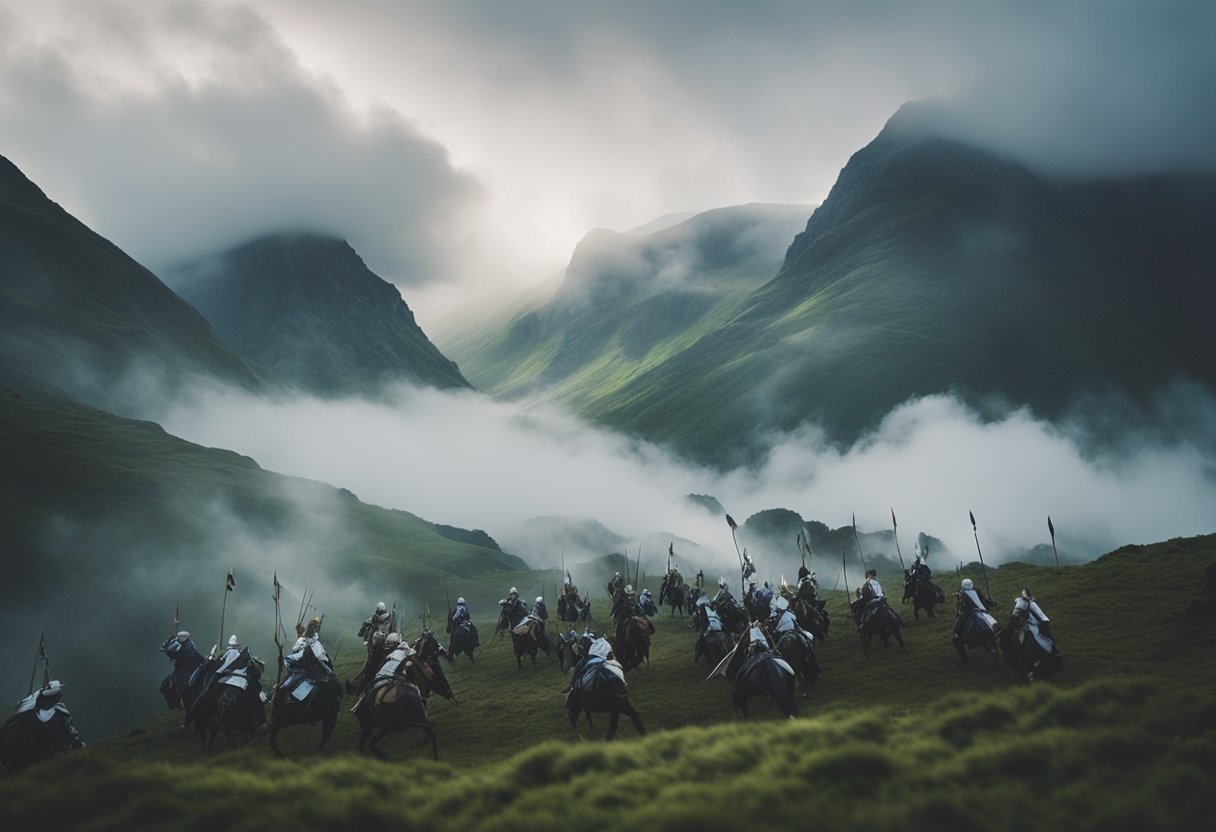 The Influence of Norse Mythology on Irish Folklore - A dramatic battle between Norse gods and Irish heroes unfolds amidst swirling mists and towering mountains