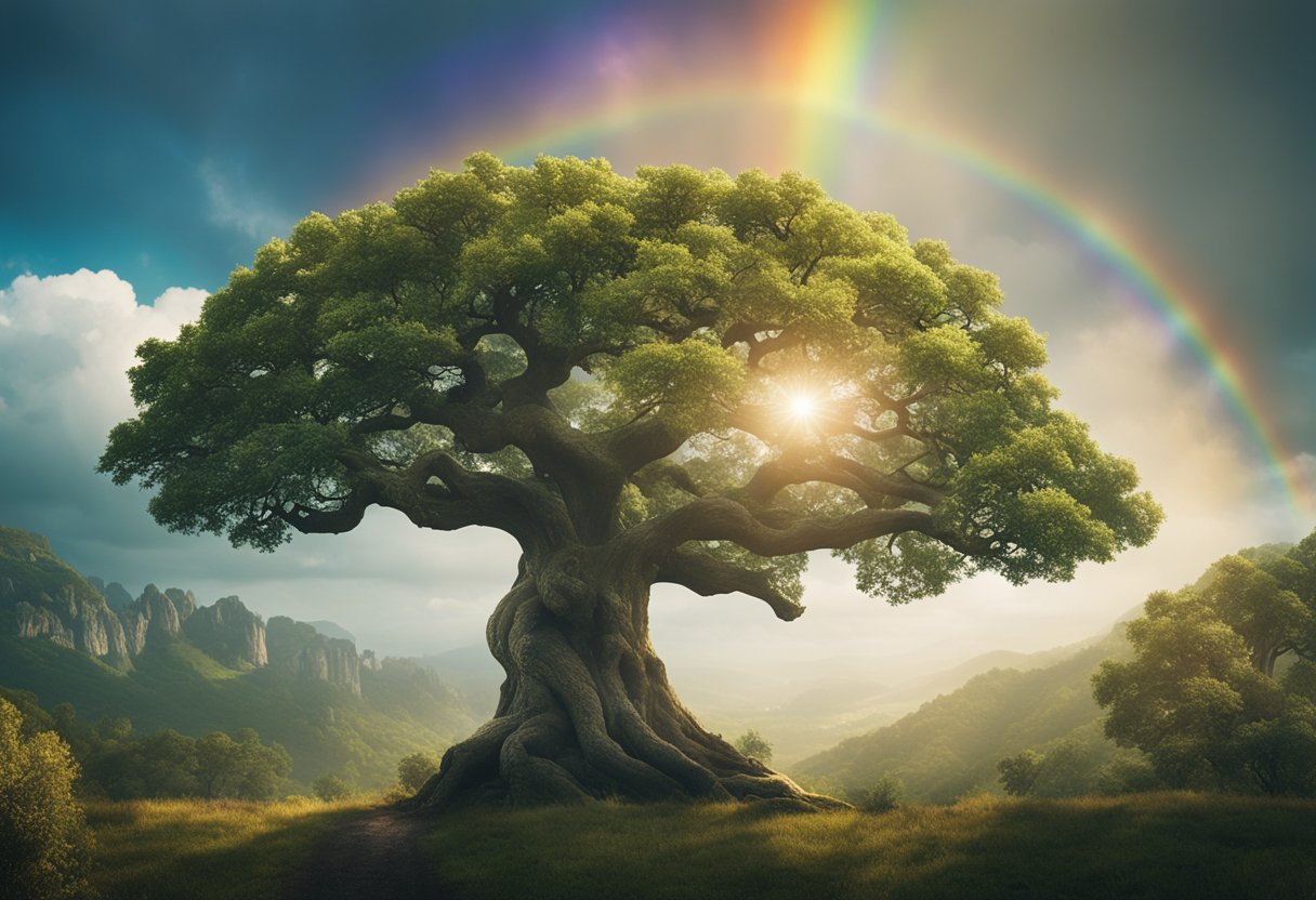 The Influence of Norse Mythology on Irish Folklore - A towering oak tree intertwines with a shimmering rainbow, while a mythical creature from Norse mythology, such as a dragon or a Valkyrie, hovers in the background
