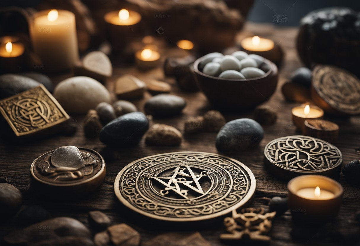 The Influence of Norse Mythology on Irish Folklore - A gathering of ancient symbols, runes, and artifacts from Norse and Irish traditions, surrounded by mystical energy and a sense of ancient wisdom