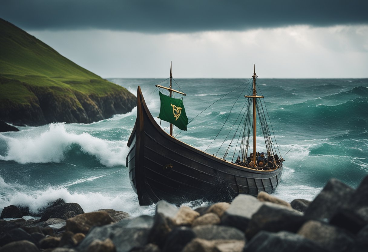 The Influence of Norse Mythology on Irish Folklore - A stormy sea with a Viking ship and a leprechaun on a rocky Irish shore
