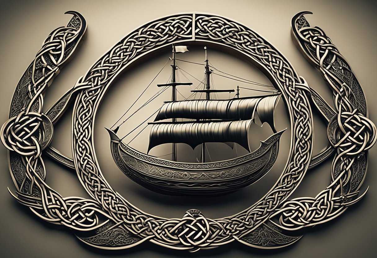 The Influence of Norse Mythology on Irish Folklore - A Celtic knot intertwines with a Viking ship, symbolizing the fusion of Norse and Irish mythologies