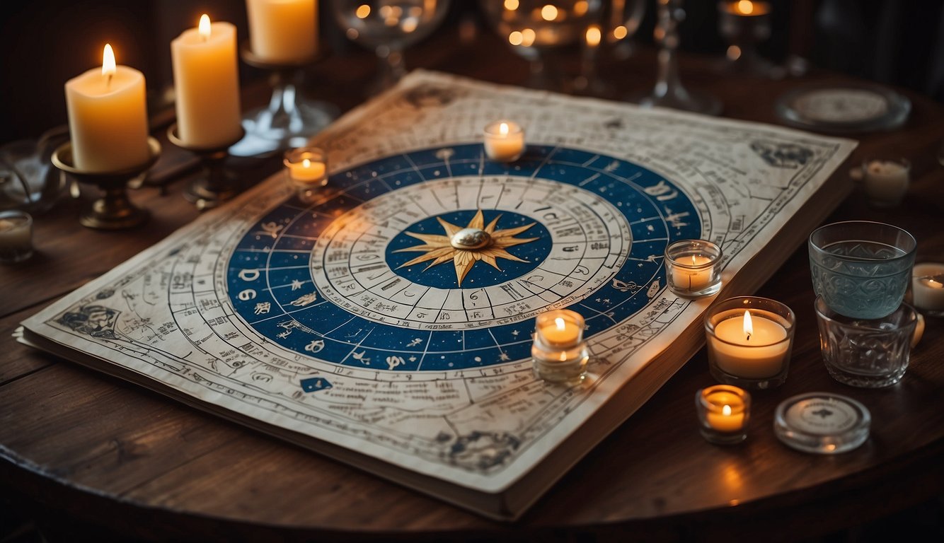 A table with astrological charts, crystals, and candles. A book open to a page with love attraction tips