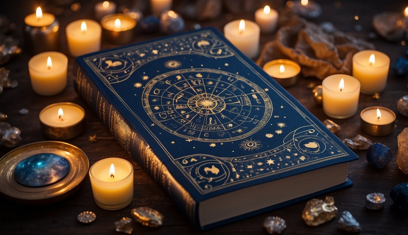 A starry night sky with zodiac signs and hearts, a book titled "Astrology tips for attracting love" open on a table, surrounded by candles and crystals