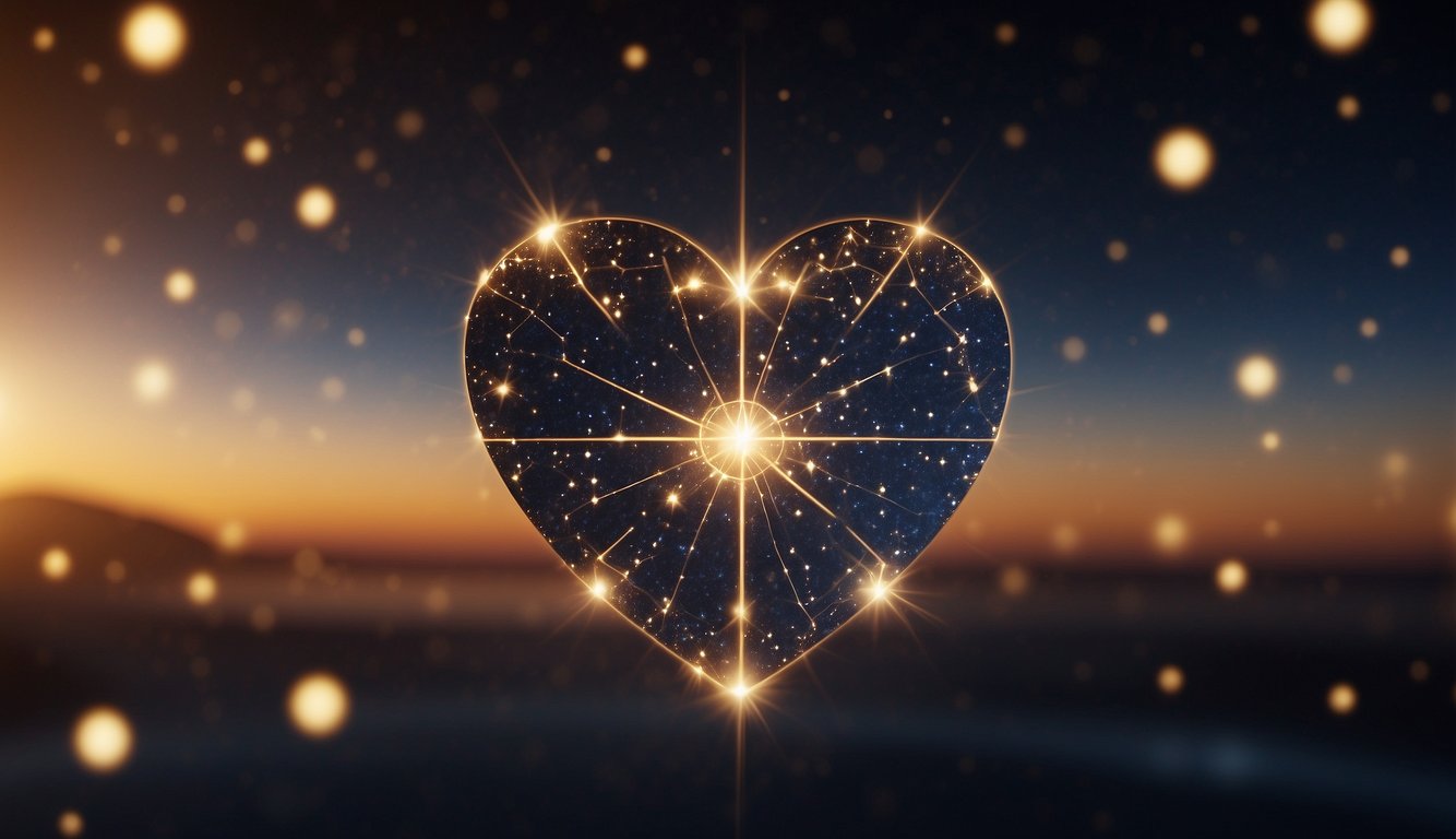 A heart-shaped constellation of zodiac symbols radiates from a central star, with beams of light extending outward, representing the influence of sun signs on love