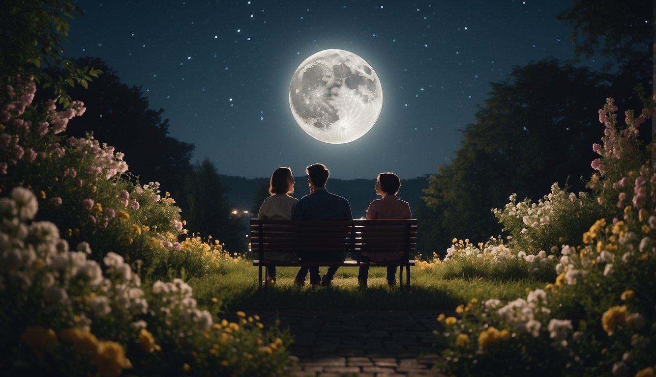 A couple sits in a moonlit garden, surrounded by blooming flowers. The moon sign is prominently displayed in the sky, casting a soft, romantic glow over the scene
