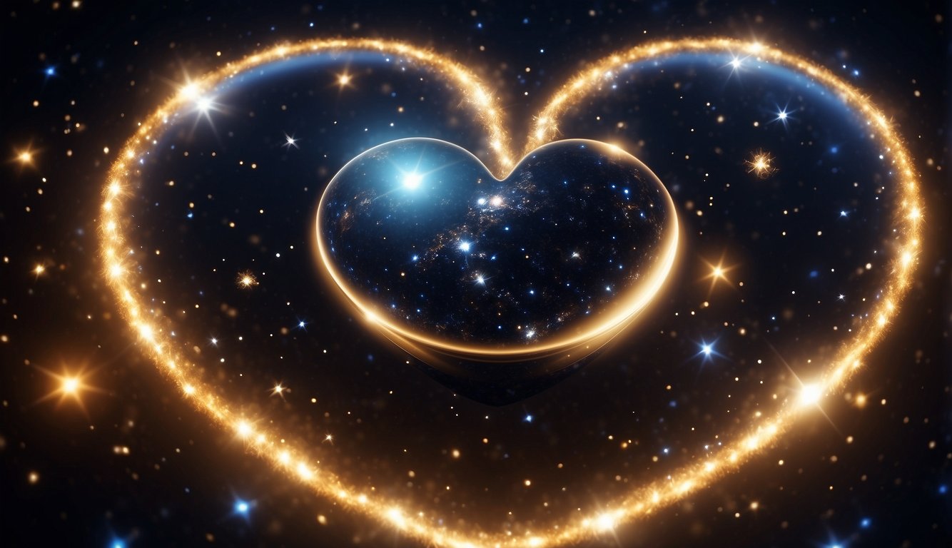 A glowing heart surrounded by stars and planets, emitting a magnetic energy that draws in love and romance