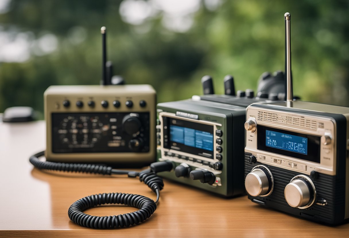 Two radios sit side by side on a table, one a traditional ham radio with dials and antennas, the other a rugged military radio with digital displays and heavy-duty construction