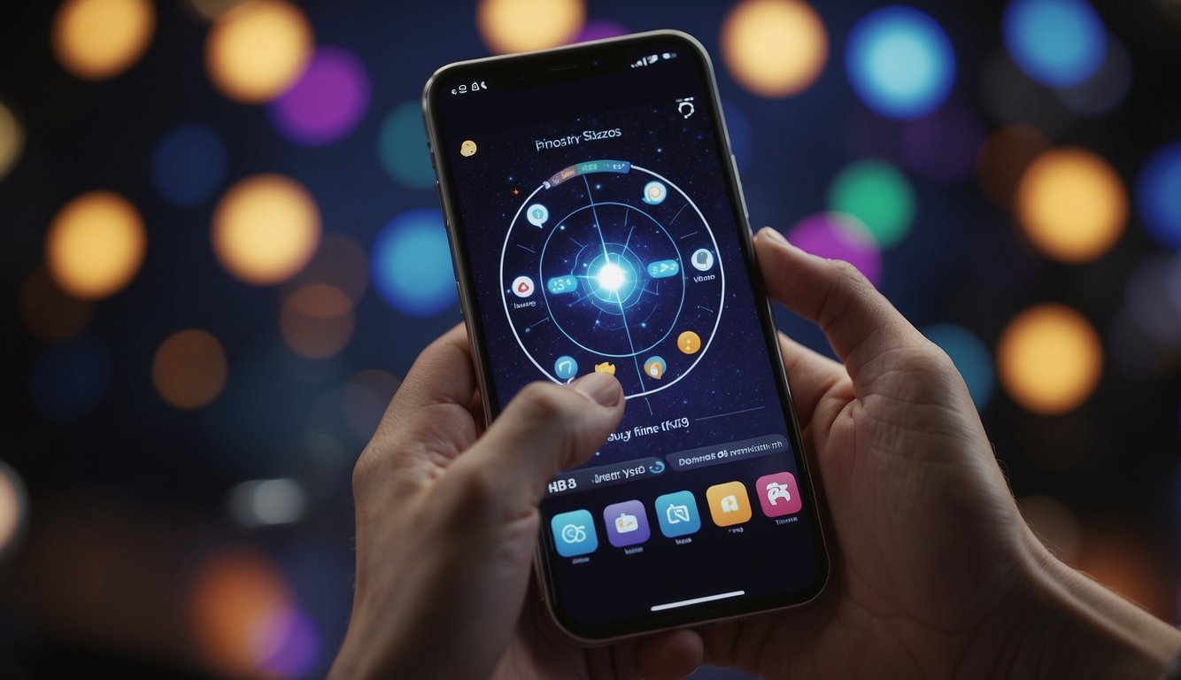 A smartphone displaying astrology apps, while a couple swipes through dating profiles. Astrology charts and heart emojis float in the background