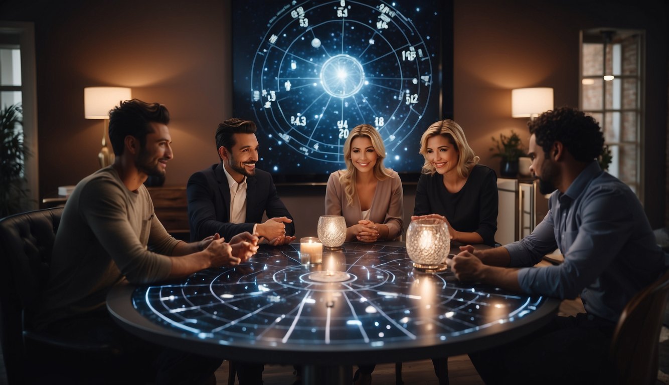 A group of people gather around a table, discussing astrology and its impact on modern dating. Charts and horoscopes are spread out, while smartphones display dating apps