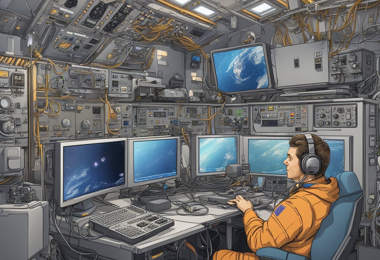 A radio operator adjusts equipment to communicate with the International Space Station, surrounded by antennas and satellite tracking gear
