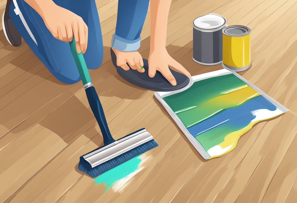 A person is painting laminate floors with a brush and can of paint, showing the process of refinishing the flooring