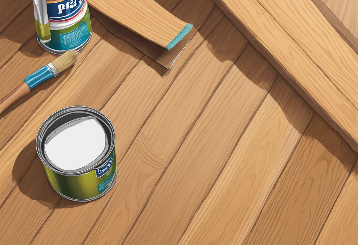 An open can of wood stain sits next to a section of laminate flooring, with a paintbrush resting on top. A rag and sandpaper are nearby, suggesting the process of refinishing the flooring