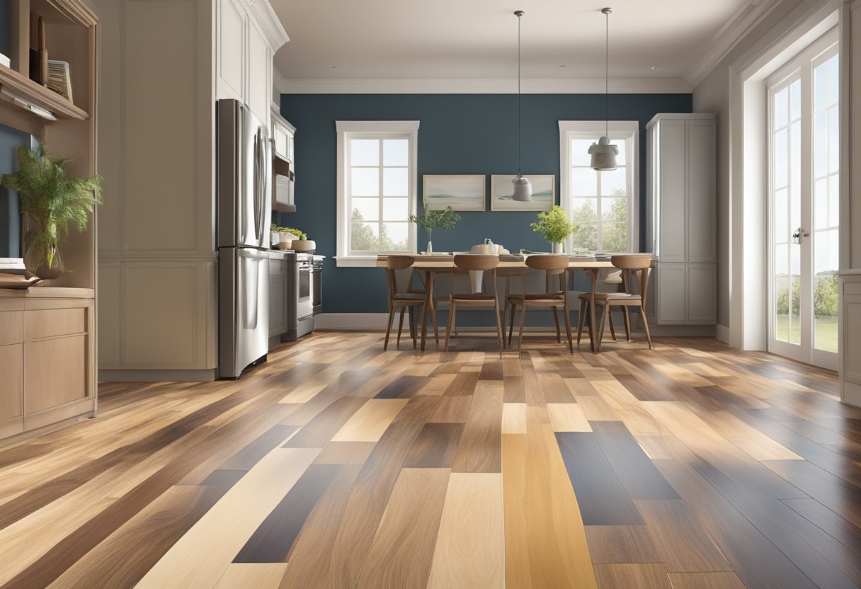 A laminate floor with various refinishing options displayed, including sanding, staining, and sealing