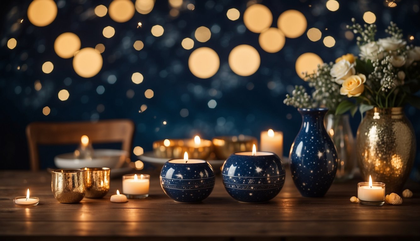 A table set with zodiac-themed decor, candles, and a starry night backdrop