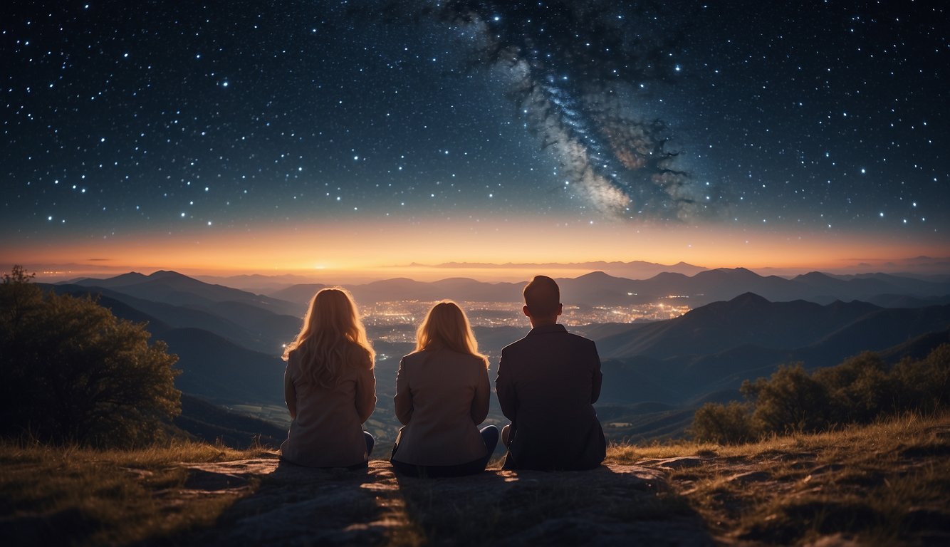 A couple sits under a starry sky, surrounded by astrological symbols. They consult a chart and telescope, planning their perfect astrological date