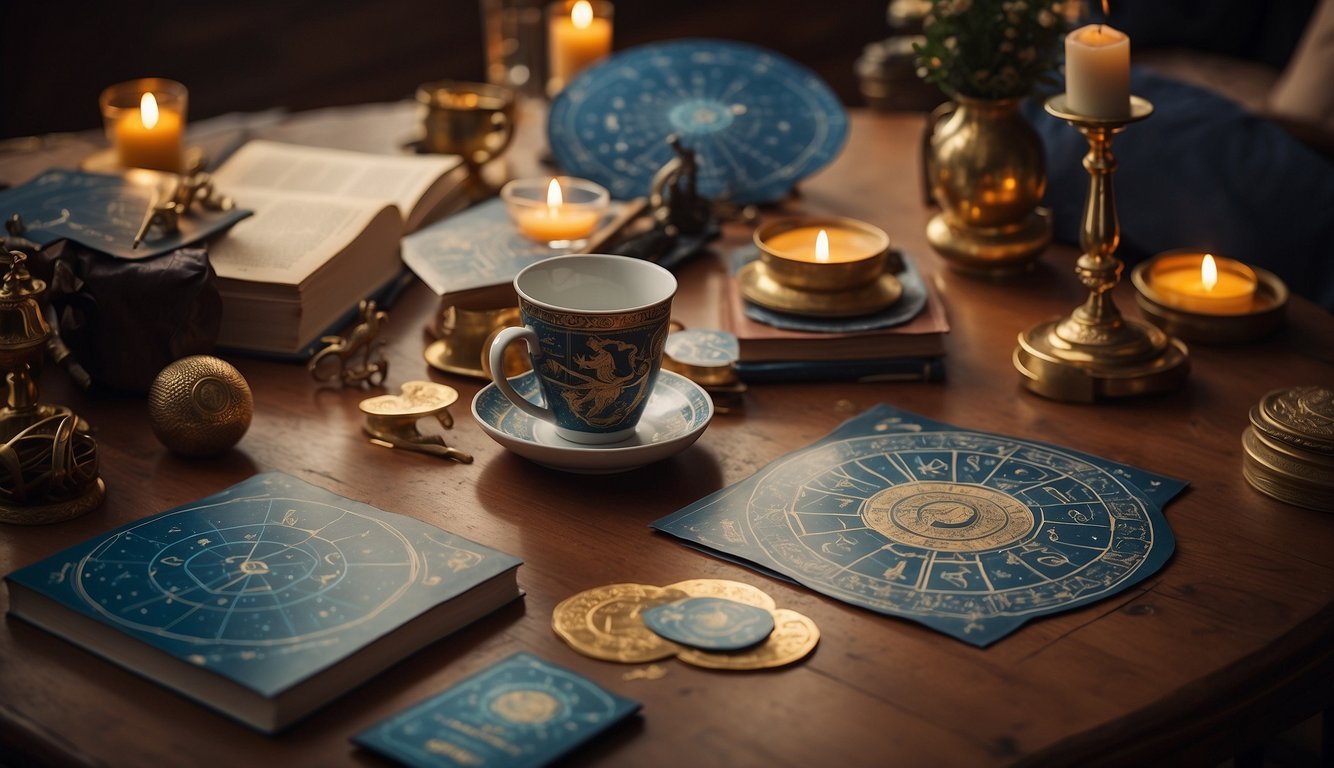 A table set with zodiac-themed decor, two people engaging in conversation, astrological charts and books scattered around