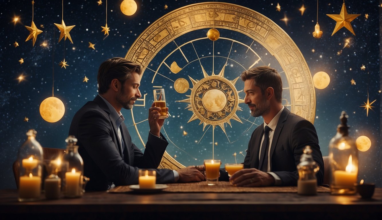 A couple sits at a table, surrounded by zodiac symbols and celestial decor. They consult astrology books while sipping drinks, ensuring a harmonious first date