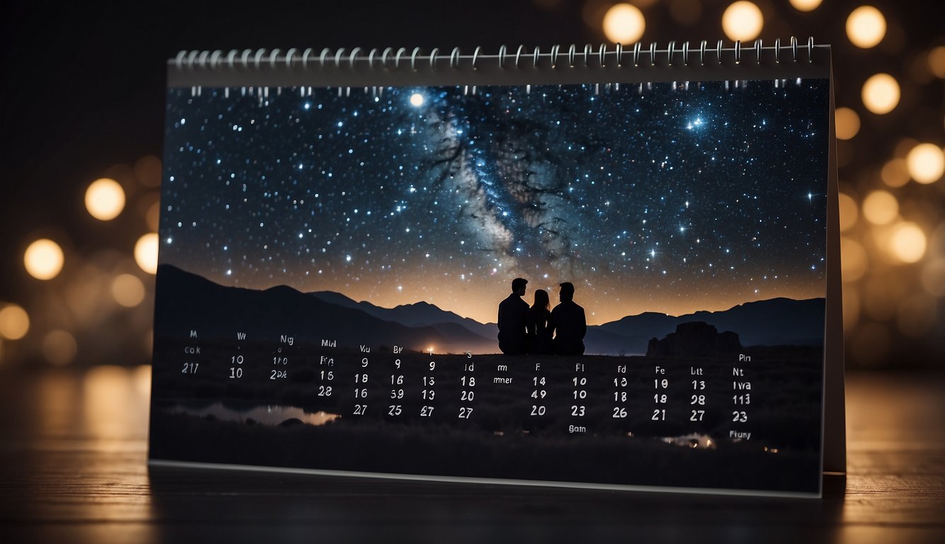 A couple sits under a starry night sky, with a calendar showing auspicious astrological dates for a first date