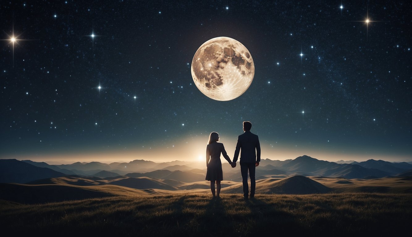 A couple under a starry sky, with moon signs floating above, representing the zodiac's influence on their love