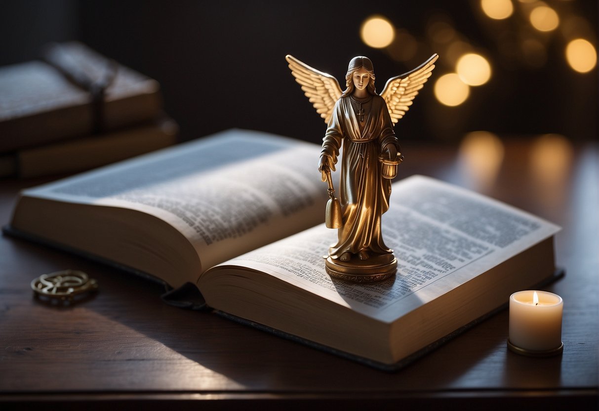 A glowing angelic figure hovers above a book of numerology, while a cross and Bible stand nearby, symbolizing the comparison between numerology and Christian doctrine