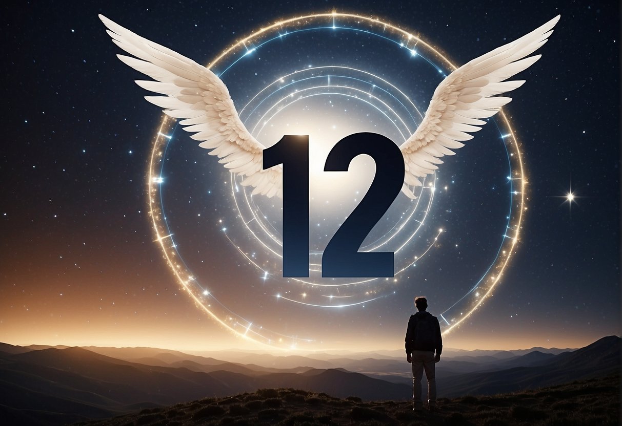 A glowing halo surrounds the numbers "1122" against a starry sky, with angelic wings and feathers floating around them
