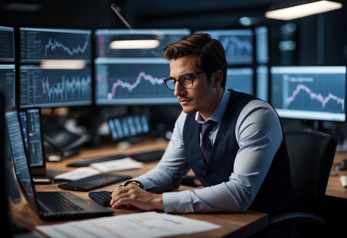 A person working at a desk, surrounded by charts and graphs, with a determined expression and a clear goal in mind