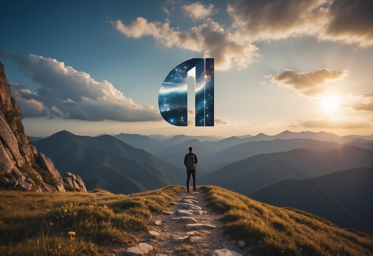 A figure stands on a mountain peak, facing a winding path. The number "1122" glows in the sky, surrounded by symbols of strength and perseverance