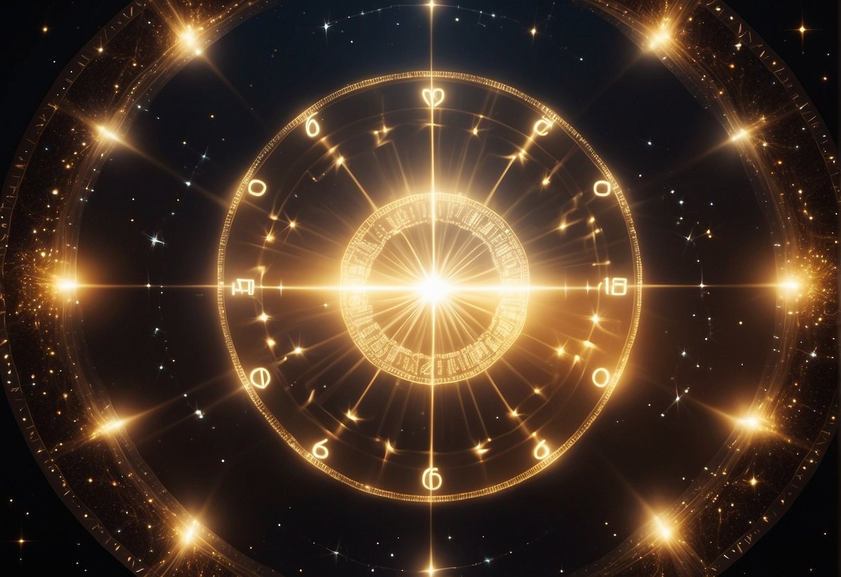 A golden halo hovers over a glowing number sequence, surrounded by celestial symbols and a peaceful aura