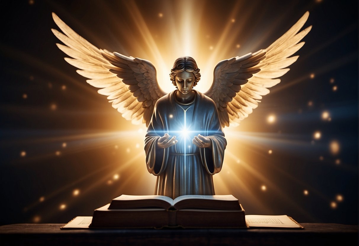A glowing angelic figure hovers above a bible, surrounded by beams of light and Christian symbols