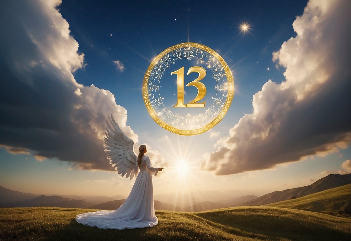 Angel numbers (e.g. 111, 222) float above a serene landscape, radiating divine light and harmony. The numbers are surrounded by symbols of faith and spirituality, evoking a sense of peace and guidance