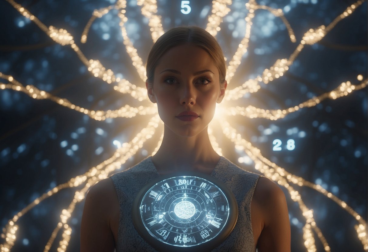 A glowing angelic figure hovers above a person, surrounded by numbers and symbols. The person looks intrigued and contemplative