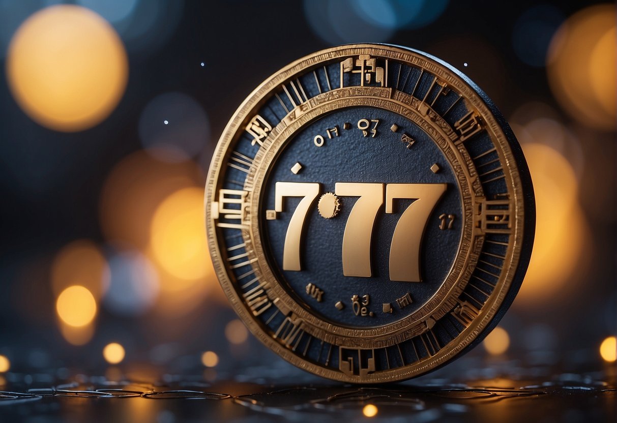 A glowing number "7777" hovers above a figure, surrounded by symbols of challenges and opportunities