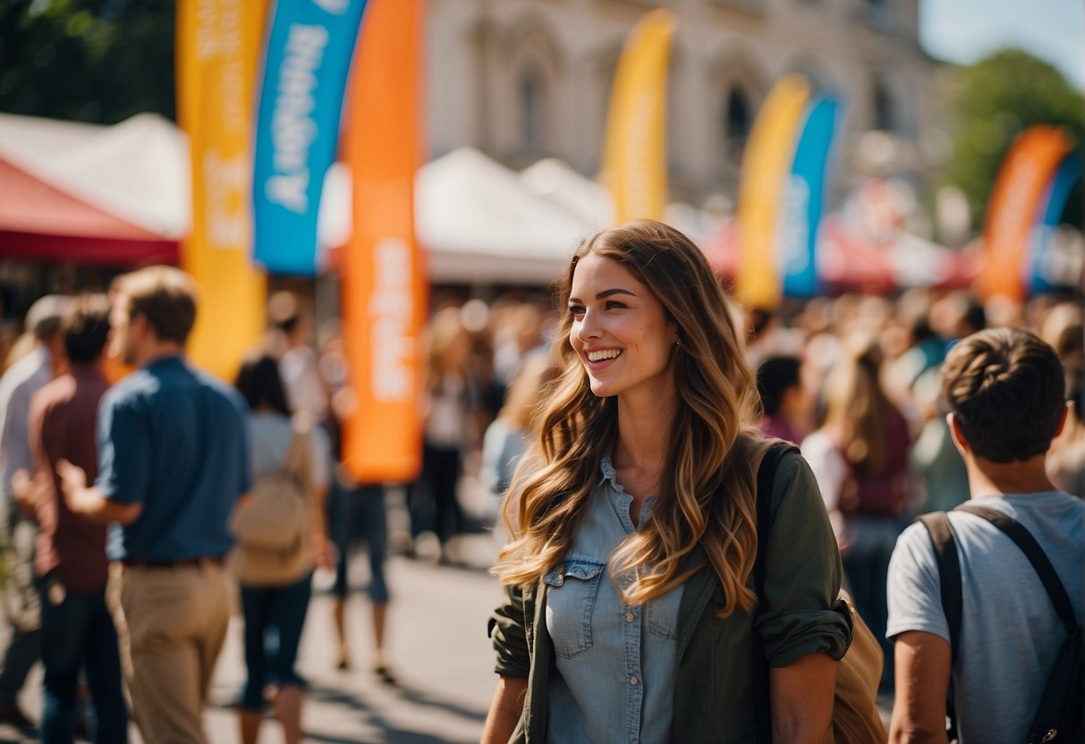 A bustling study abroad fair with colorful banners, students excitedly discussing programs, and representatives promoting affordable destinations