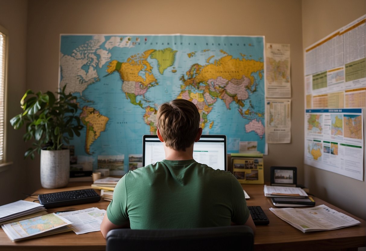 A student sits at a desk with a laptop, surrounded by travel brochures and budgeting spreadsheets. A map of the world hangs on the wall, with pins marking potential low-cost study abroad destinations