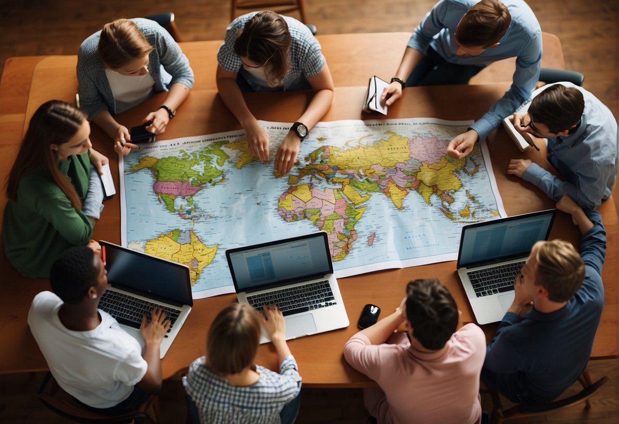 A group of students researching affordable study abroad programs, comparing costs and benefits, with maps and laptops spread out on a table