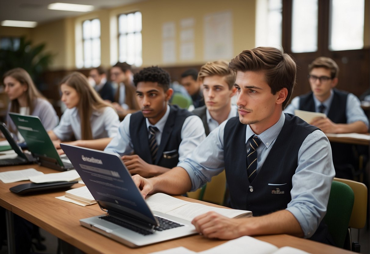 Business students studying abroad in a classroom with international flags, laptops, and business textbooks