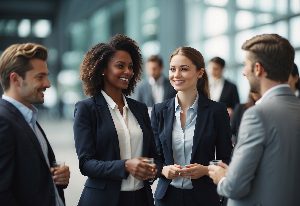 A group of business students networking and collaborating with international colleagues, immersed in a diverse and dynamic global business environment