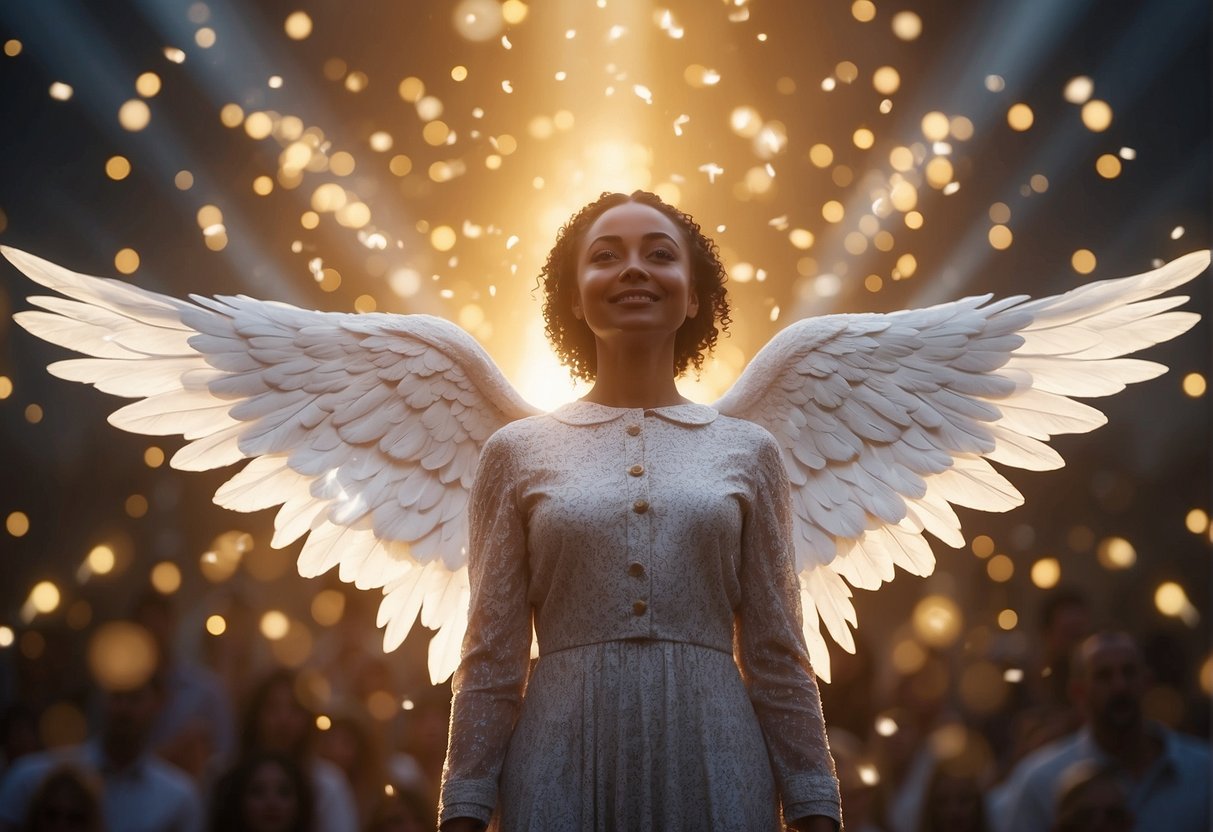 Bright, glowing angelic figures surround a person, radiating positivity and protection. The numbers 111, 222, and 333 float in the air, symbolizing divine guidance and support