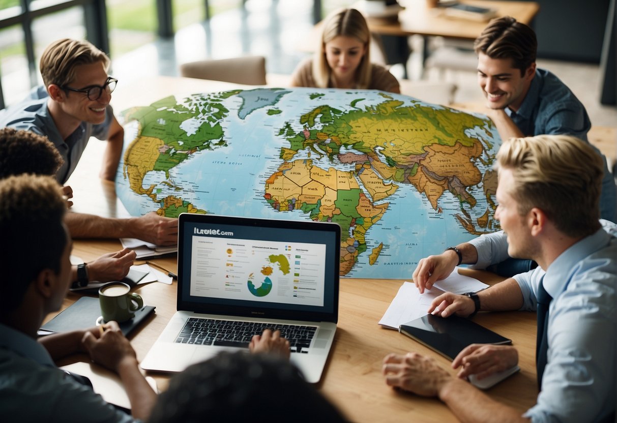 A group of business students gather around a world map, discussing study abroad program options. Brochures and laptops are spread out on the table