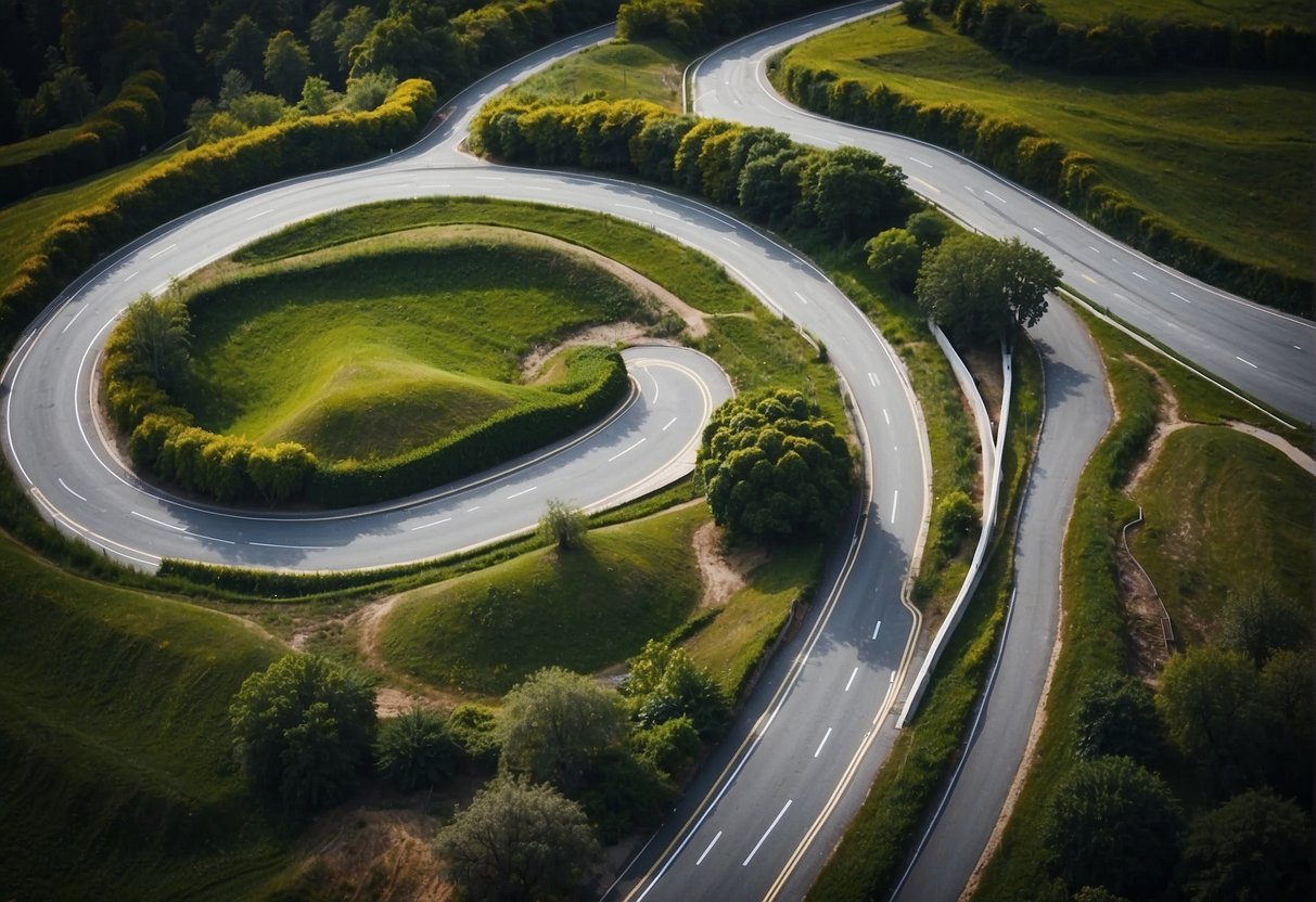 A winding road leads to various career pathways, each marked with a different degree. Signs point to diverse fields like business, technology, healthcare, and more