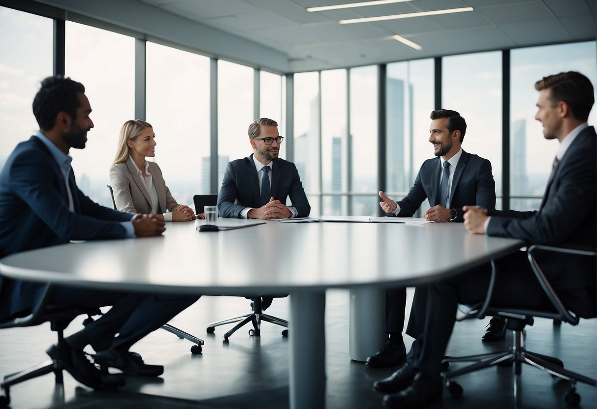 A group of professionals in a conference room, discussing career opportunities and potential paths for growth with a variety of degree options displayed on a screen