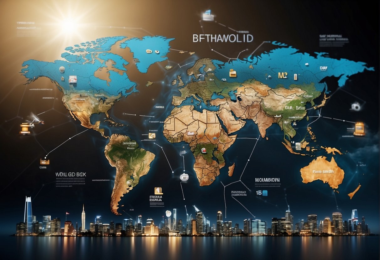 A world map with highlighted countries and cities, surrounded by icons representing various industries and fields of study