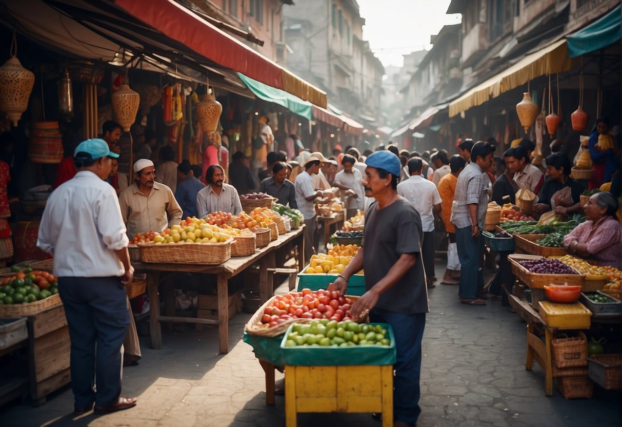 A bustling street market with colorful stalls selling traditional crafts, music playing, and people from different cultures interacting and exchanging ideas