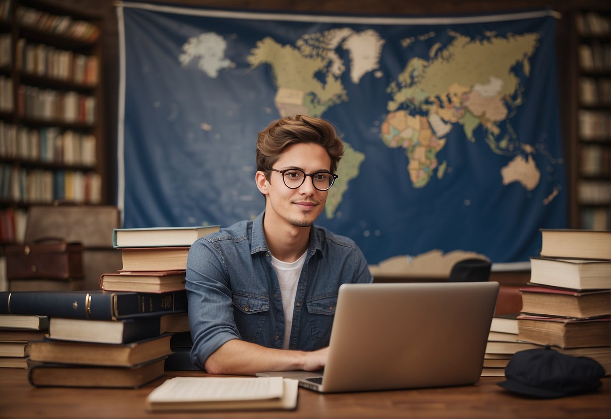 A student studying abroad, surrounded by books, a laptop, and a world map. Graduation cap and suitcase nearby, symbolizing career advancement