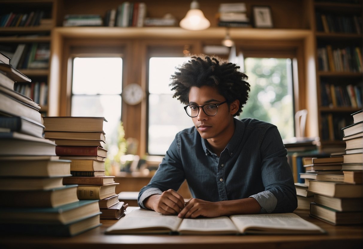 A student sits at a desk, surrounded by books and maps. They are researching different study abroad programs, with a determined look on their face