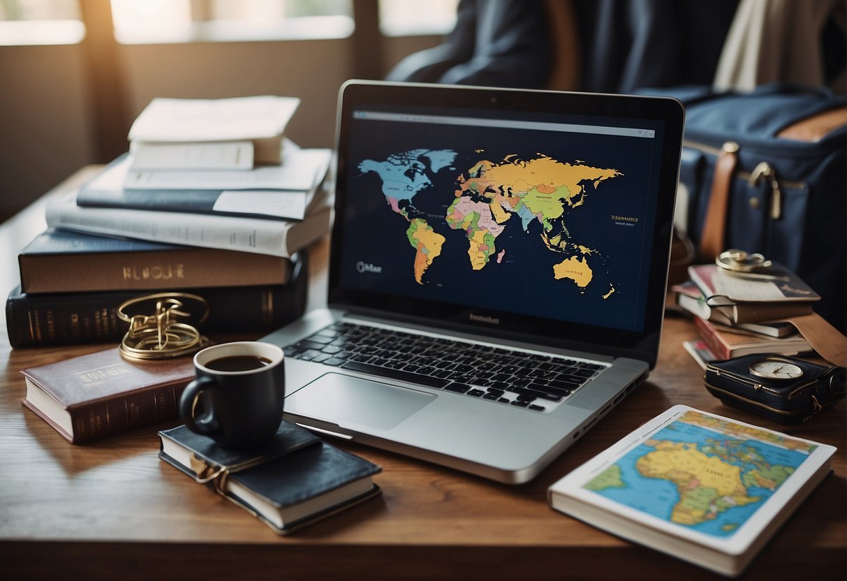 A desk with a laptop, books, and study materials. A world map and travel guides are spread out. A suitcase is open with clothes and travel essentials packed