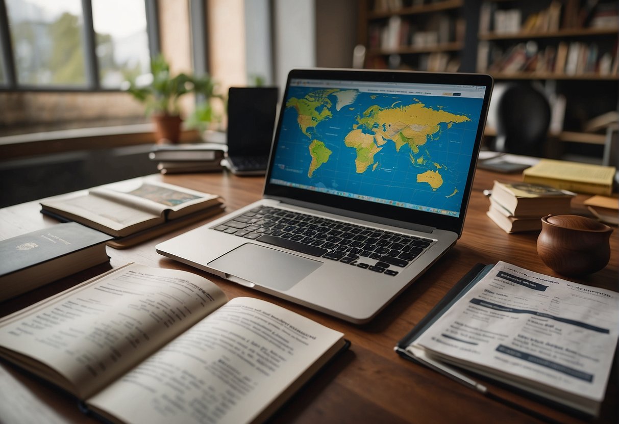 A desk with open books, a laptop, and study materials. A world map and travel brochures are spread out. A checklist of application requirements is pinned on the wall