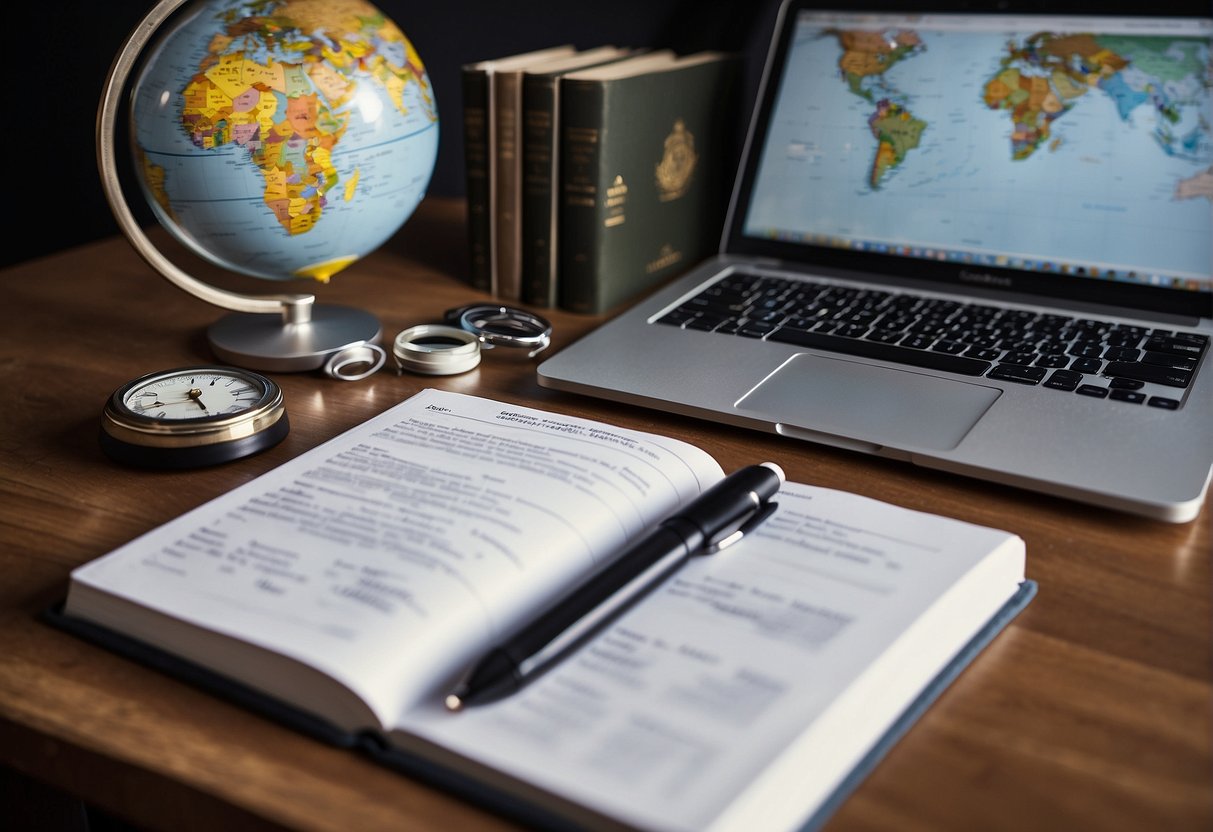 A desk with a laptop, books, and a globe. A chart showing budgeting and saving plans. A suitcase packed with essentials