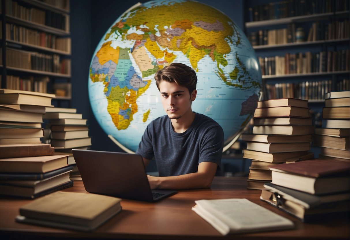 A student sits at a desk surrounded by books, a globe, and a laptop. They are researching and preparing for overseas studies, with a focus on cultural and academic adaptation